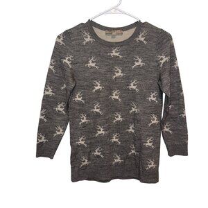 Loft Womens XS Gray Crewneck Sweater With White Reindeer Pattern 100% Wool